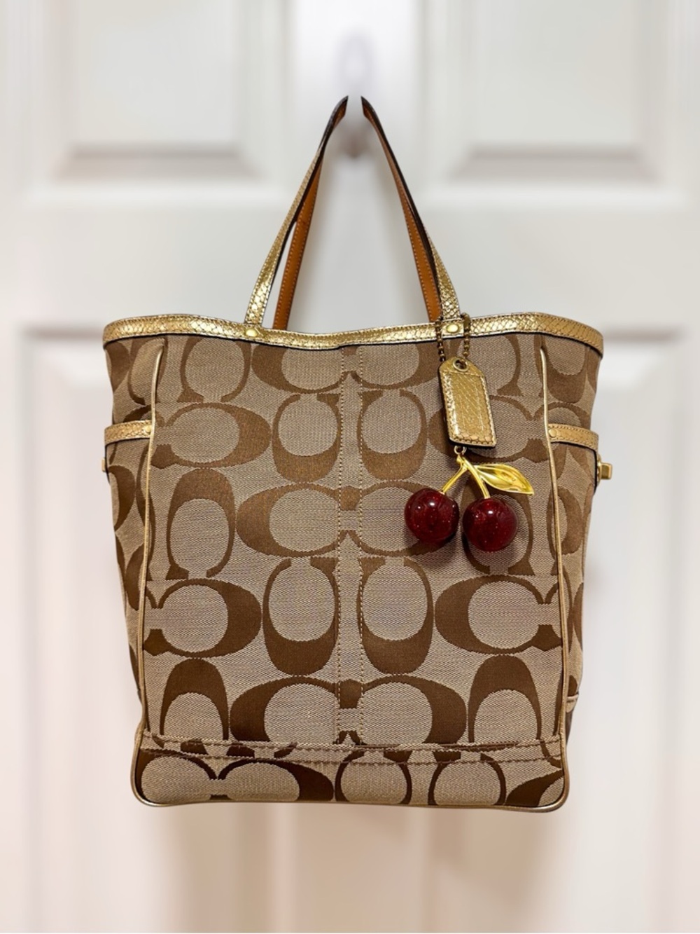 Coach Signature Khaki Brown Tote Y2K Large Shoulder Bag with Cherry Charm